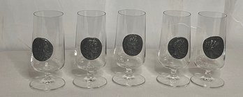 SET OF 5 RASTAL HIGHBALL GLASSES WITH PEWTER COINS