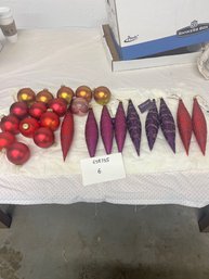 ORNAMENT LOT 6: AMBER RED PINK Ball PURPLE PINK RED Conical GLASS ORNAMENTS