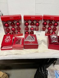ORNAMENT/DECOR LOT 79: WATERFORD CRYSTAL ORNAMENTS PLUS 36 RED ORNS
