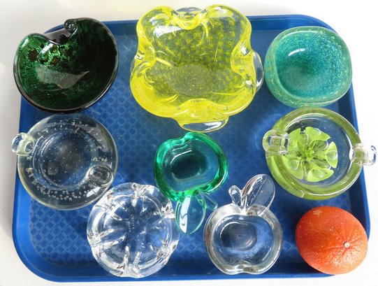 A Grouping Of 8 Mostly Unsigned Modern Murano Glass Bowls And Ash Trays, All In Good Condition. The Largest Me