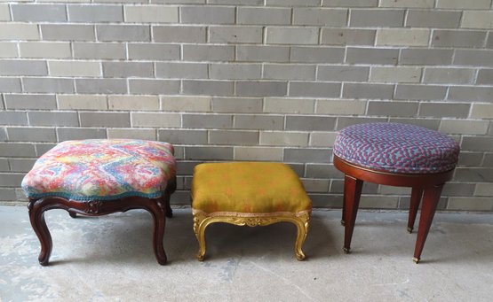 Three 19th Century Foot Stools, 2 French, All In Very Good Condition With Newer Upholstery. The Largest Measur
