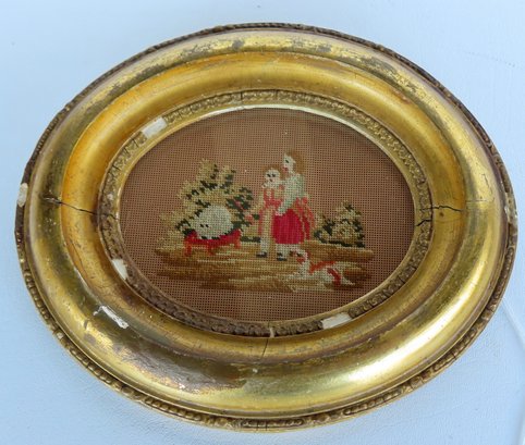 Small Framed Needlepoint Image Of Boy And Girl Near Cat In Garden Resting On Bench, Late 19th Century Mounted