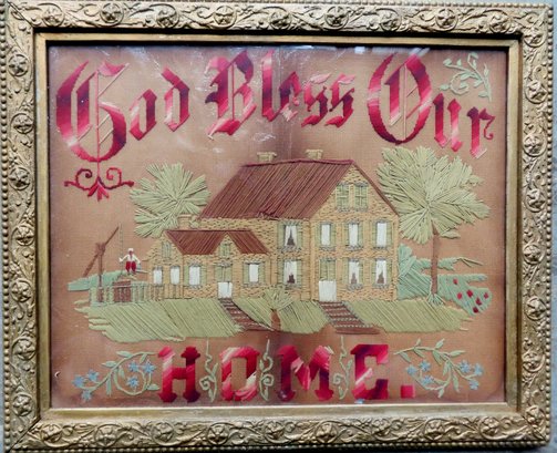 A Victorian Embroidered Sampler Titled 'GOD BLESS OUR HOME'. Some Staining, Otherwise Good Condition In Origin