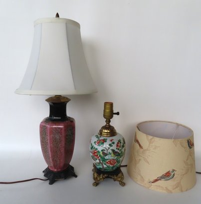 Two Good Table Lamps Including Oriental Lamp With Hand Painted Birds & Flowering Tree, The Other Appears To Be