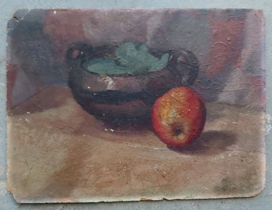 A Primitive O/B Of An Apple And Bowl On Table, 19th Century.