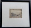 Miniature Pen And Ink French Landscape Depicting A Town Boarding Lake Or River And Having A Pen And Ink Frame,