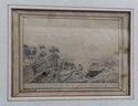 Miniature Pen And Ink French Landscape Depicting A Town Boarding Lake Or River And Having A Pen And Ink Frame,