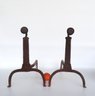 A Pair Of Early Hand Forged Iron Goose Neck Andirons With Ball Finials, 18th Century. Measures 12'W X 22'D X 1