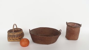 Three Baskets Including: An Early Shaker Basket With Double Loop Handles On Rim Edge But With Losses To Rim An