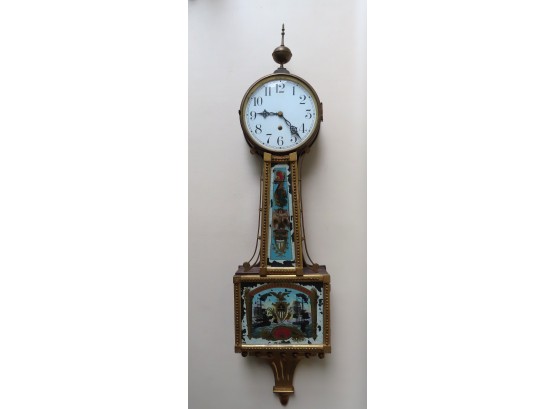 Patriotic 18th C. Banjo Clock With Reverse Paintings On Upper And Lower Panels