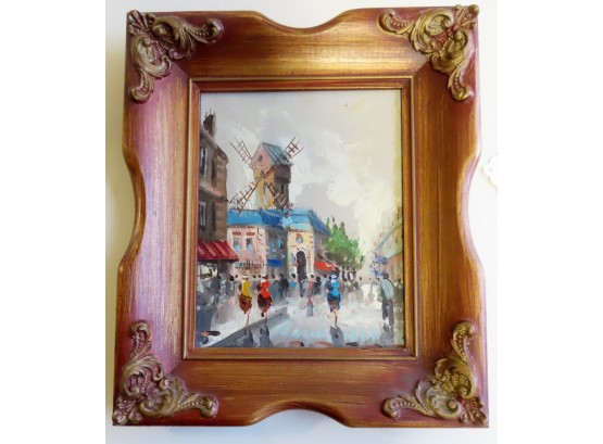Oil On Masonite Board Of A European Street Scene With Many Figures, Signed Illegibly