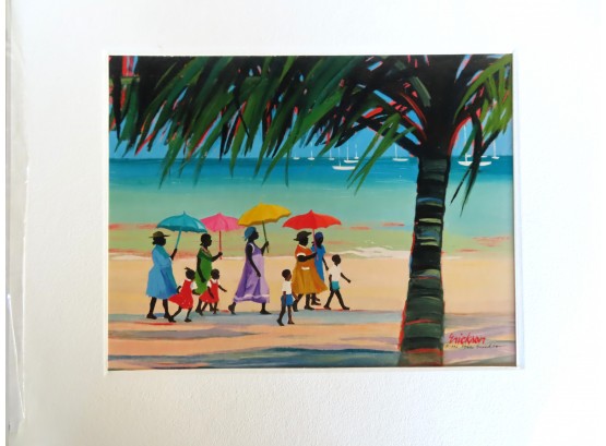 Colored Print Of Islands People Walking Along Beach Holding Colorful Sun Umbrellas