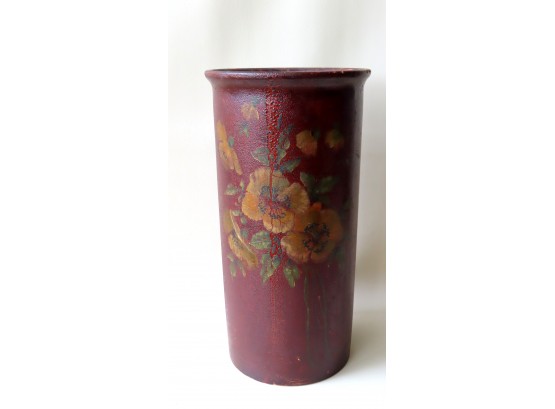 A Composition Hand Painted Umbrella Stand Decorated With Flowers