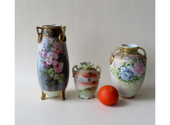 Grouping Of 3 Hand Painted Nippon Vases, Circa 1920-40.