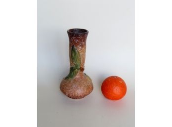 Weller Art Pottery Vase Decorated With An Embossed Flower And Leaves On Vine.