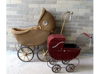 A Vintage Wicker Baby Carriage And A Doll Carriage.