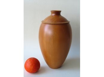 Mid-century Style Turned Wooden Baluster Form Vase With Tooled Collar At Shoulders