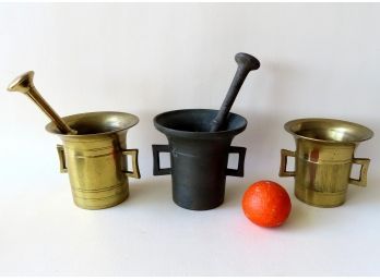 Grouping Of 3 Early Brass And Bronze Mortars And Pestles