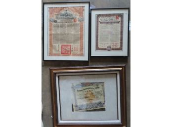 Grouping Of 3 Framed Chinese Financial Certificates