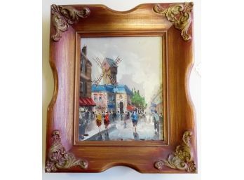Oil On Masonite Board Of A European Street Scene With Many Figures, Signed Illegibly
