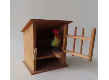 German Squeak Toy With Rooster In Wooden Cage