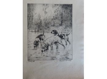 Etching Of Sporting Dogs Titled Cooling Off Signed Percival Rosseau (American 1959-1937)