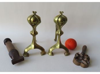 A Grouping Of 3 Collectible Objects Including: Small Pair Of 19th Century Brass Firedogs In The Form Of Styliz