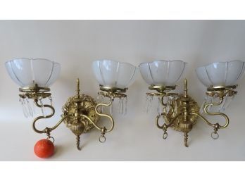 Pair Of Fancy Brass Double Font Wall Sconces With Hanging Prisms