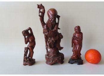 Grouping Of 3 Hand Carved Oriental Wooden Sculptures, Probably Teakwood.