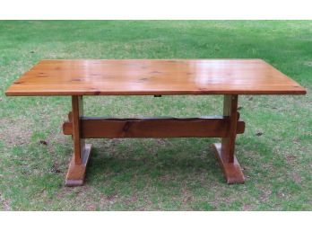 Custom Made Heavy Knotty Pine Harvest Table With Trestle Base, Signed E.J. Holden / Hyde Park