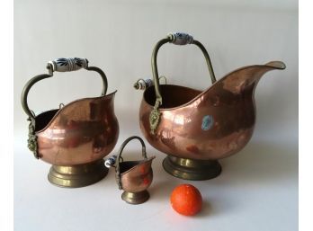 Three Copper Coal Scuttles, Including 2 With Matching White Porcelain Hand Grips