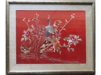 A Colorful Chinese Silk Embroidery Depicting A Peacock In A Flowering Bush, Late 19th Century