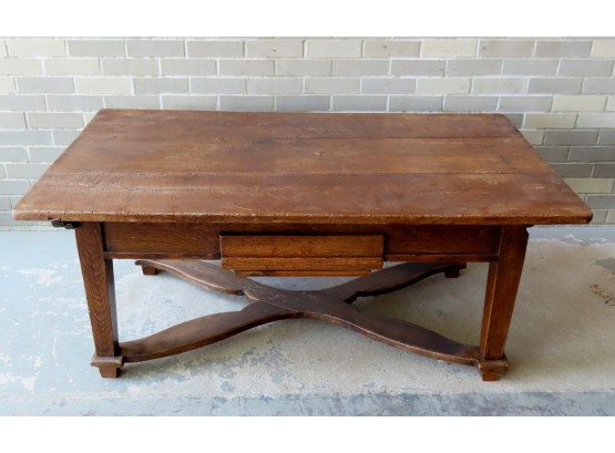 An Early 18th Century Continental Oak Work Table With Center Drawer And Shaped Cross-stretchers, Cut Down To C
