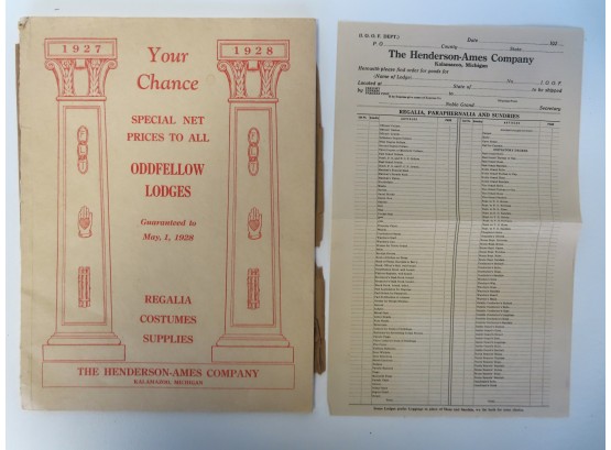 Catalog Price List For Oddfellow Lodges, 1927 -1928, By The Hederson-Ames Company - Very Good Condition. Sold