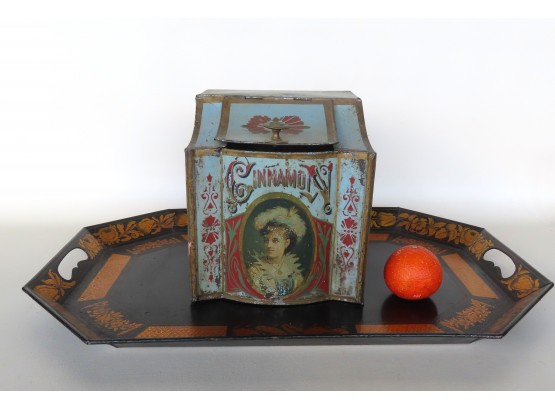 Two Pieces Of 19th Century Toleware Including: 'CINNAMON' Spice Tin Decorated With A Victorian Lady On The Fro