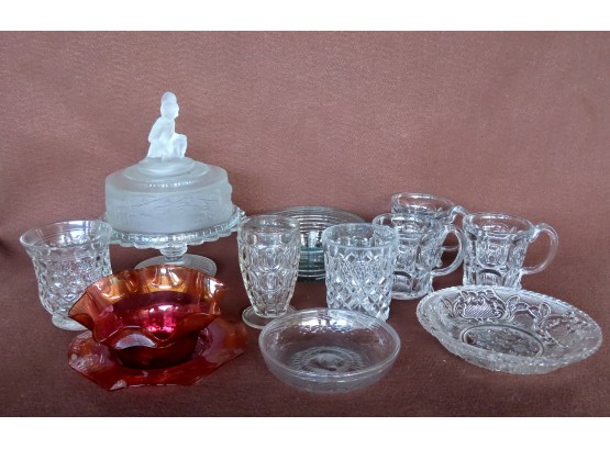 Grouping Of 19th Century Glassware Including A Pattern Glass Compote With Finial In The Form Of A Native Ameri
