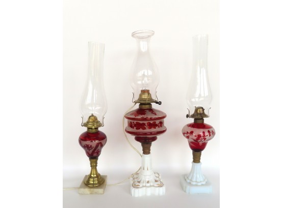 Three Victorian Oil Lamps, All Non-matching, Frosted Cut To Cranberry, 19th Century, All Non-matching The Firs