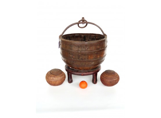 A Large Japanese Wooden Cauldron With Hand Forged Iron Handle - Mounted On Separate Wood Stand - Measures 19 1