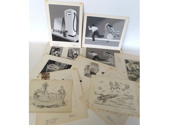 Grouping Of 9 Illustrations Including: Pen And Ink Comic Illustration Signed Jeff Keate, American, 20th Centur