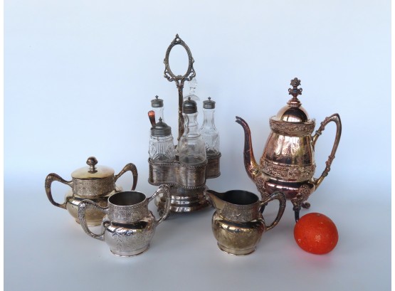 A Grouping Of 19th Century Silver Plated Objects Including A 4 Piece Victorian Tea Service (the Teapot Does No
