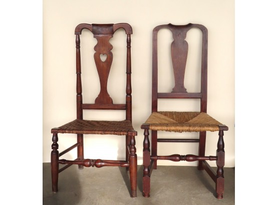 Two Queen Ann Country Side Chairs, Late 18th Century. The First In Cherry, With A Newer Rush Seat, Baluster Ty