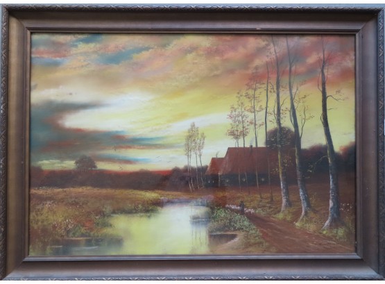 A Large Pastel Of Cottage In Woods By Pond Signed Weinsheimer. Total Frame Size 43 1/2' X 31 3/8'. Very Good C
