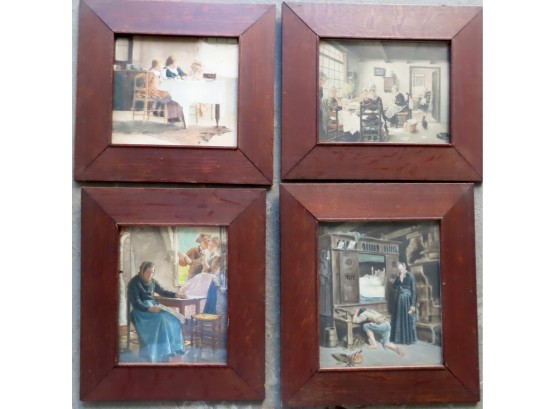 A Grouping Of 4 Prints From The Arts & Crafts Period In Matching Oak Frames (frames Are The Same Style But Of