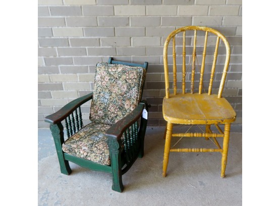 Two Vintage Chairs. The First, A Bow-back Windsor Style Chair In Old Mustard Paint, Circa 1900 - Paint Wear Bu