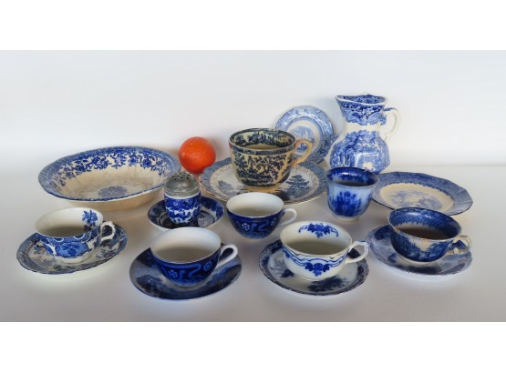 A Grouping Of 17 Pieces Of Blue And White Transferware China, Several In Flow Blue. Most In Good Condition. Th