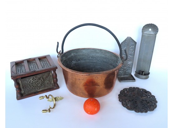 A Grouping Of Country Americana Including: A Pierced Tin Foot Warmer With Removable Ash Bin - Very Good Condit