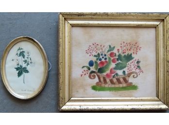 Two Theorem Watercolors. The First, Painting On Velvet Depicting Strawberries In Basket, Mounted In A 19th Cen