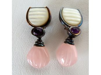 Kai-Yin Lo Sterling Earrings, Mother Of Pearl, Cabochon Amethyst, Rose Quartz Drops. Very Good Condition. Prov