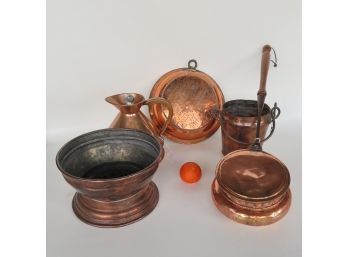 A Grouping Of 5 Early Polished Copper Kitchenware Articles, Most Hand Made Including Bed Warmer, 2 Colanders -