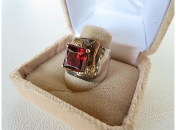 Jim Cotter Sterling & Vermeil Ring W/ Square Garnet. Very Good Condition. Provenance: From The Estate Of Dr. J